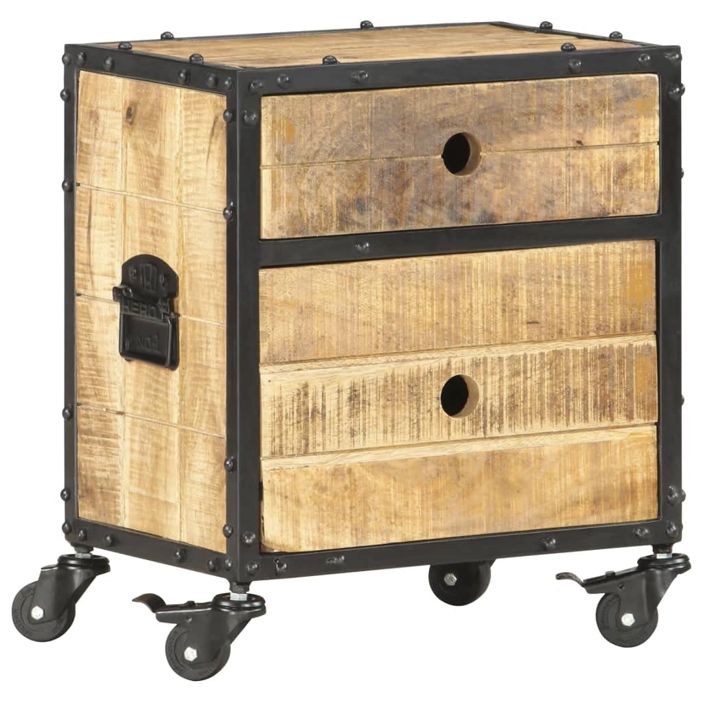 vidaXL Industrial-Style Bedside Cabinet | Solid Mango Wood, with Iron Accents and Rubber Wood | Two Drawers and Wheels | Brown Rectangular Side/End Table with Handles